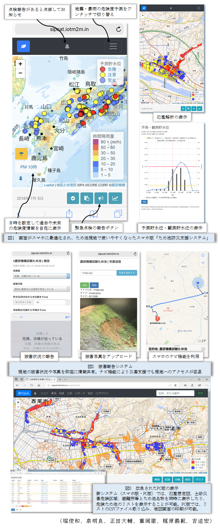 図1 画面がスマホに最適化され、ため池現地で使いやすくなったスマホ版「ため池防災支援システム」,図2 被害報告システム,図3 改良されたPC版の表示