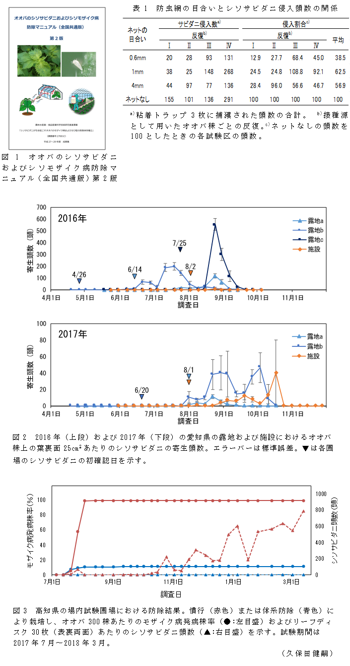 表1 防虫網の目合いとシソサビダニ侵入頭数の関係,図1 オオバのシソサビダニおよびシソモザイク病防除マニュアル(全国共通版)第2版,図2 2016年(上段)および2017年(下段)の愛知県の露地および施設におけるオオバ株上の葉裏面25cm2あたりのシソサビダニの寄生頭数。,図3 高知県の場内試験圃場における防除結果