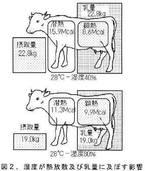 図2 湿度が熱放散及び乳量に及ぼす影響