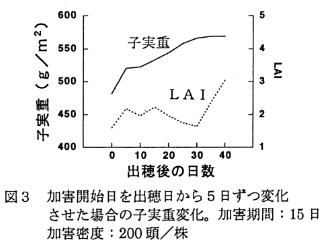図3 加害開始日を出穂日から5日ずつ変化させた場合の子実重変化