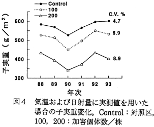 図4 気温および日射量に実測値を用いた場合の子実重変化