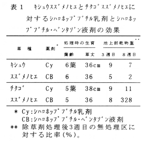表1 キシュウスズメノヒエとチクゴスズメノヒエに対するシハロホップブチル乳剤とシハロホップブチル・ベンタゾン液剤の効果