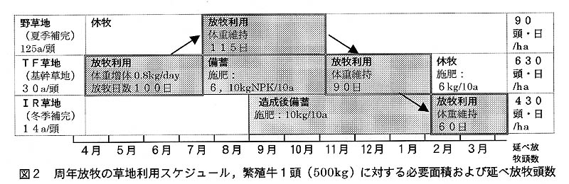 図2 周年放牧の草地利用スケジュール,繁殖牛1頭(500kg)に対する必要面積および延べ放牧頭数