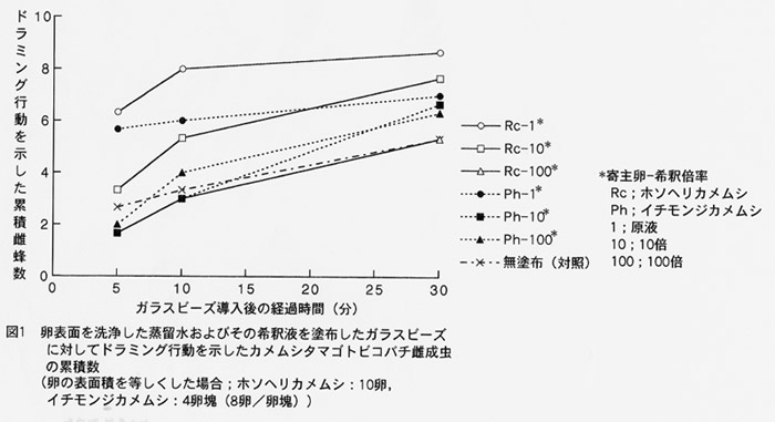 図1 卵表面を洗浄した蒸留水およびその希釈液を塗布したガラスビーズに対してドラミング行動を示したカメムシタマゴトビコバチ雌成虫の累積数