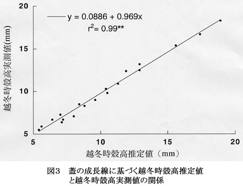 図3 蓋の成長線に基づく越冬時殻高推定値と越冬時殻高実測値の関係