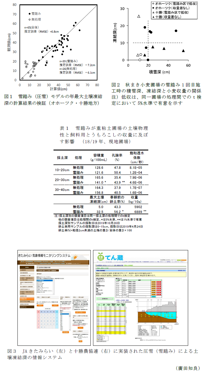 図1 雪踏み(圧雪)モデルの年最大土壌凍結深の計算結果の検証(オホーツク・十勝地方),図2 秋まき小麦圃場の雪踏み1回目施工時の積雪深、凍結深と小麦収量の関係,表1 雪踏みが重粘土圃場の土壌物理性と飼料用とうもろこしの収量に及ぼす影響 (18/19年、現地圃場),図3 JAきたみらい(左)と十勝農協連(右)に実装された圧雪(雪踏み)による土壌凍結深の情報システム