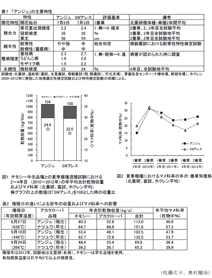 表1 「アンジュ」の主要特性,図1 チモシー中生品種との夏季播種混播試験における2～4年目(2010～2012年)の年平均合計乾物収量およびマメ科率,図2 夏季播種におけるマメ科率の年次・番草別推移,表2 播種日の違いによる翌年の収量およびマメ科率への影響