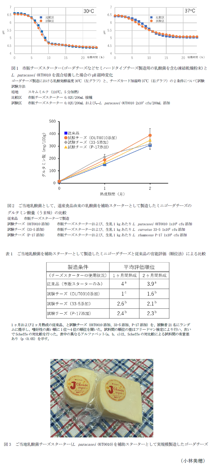 図1 市販チーズスターター(ゴーダチーズなどセミハードタイプチーズ製造用の乳酸菌を含む凍結乾燥粉末)とL. paracasei OUT0010を混合培養した場合のpH経時変化,図2 ご当地乳酸菌として、道産食品由来の乳酸菌を補助スターターとして製造したミニゴーダチーズのグルタミン酸量(うま味)の比較,表1 ご当地乳酸菌を補助スターターとして製造したミニゴーダチーズと従来品の官能評価(順位法)による比較,図3 ご当地乳酸菌チーズスターター(L. paracasei OUT0010)を補助スターターとして実規模製造したゴーダチーズ