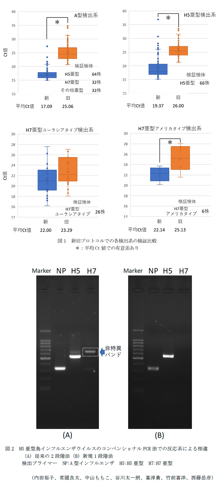 図1 新旧プロトコルでの各検出系の検証比較,図2 H5亜型鳥インフルエンザウイルスのコンベンショナルPCR法での反応系による相違