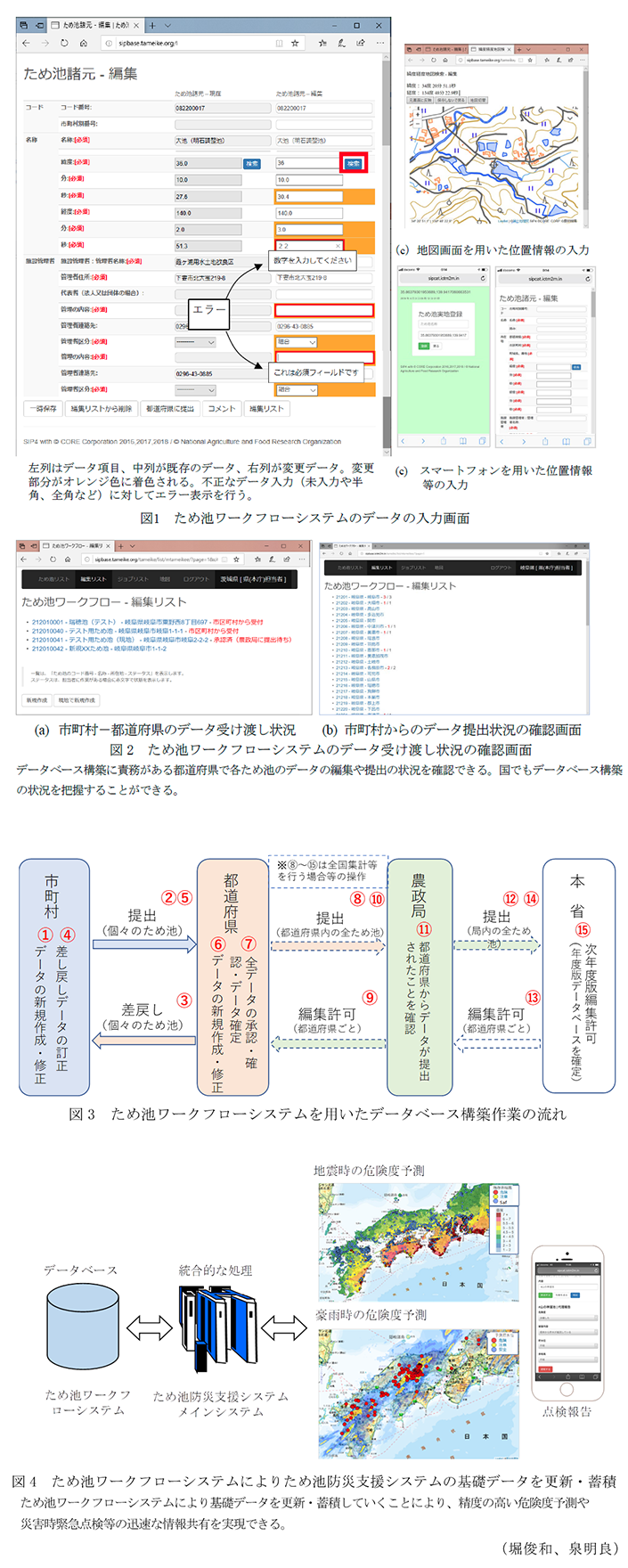 図1ため池ワークフローシステムのデータの入力画面,図2 ため池ワークフローシステムのデータ受け渡し状況の確認画面,図3 ため池ワークフローシステムを用いたデータベース構築作業の流れ,図4 ため池ワークフローシステムによりため池防災支援システムの基礎データを更新・蓄積