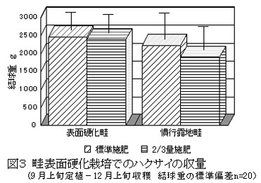 図3.畦表面硬化栽培でのハクサイの収量(9月上旬定植-12月上旬収穫結球重の標準偏差n=20) 