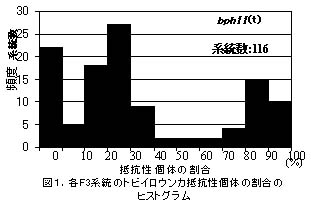 図1 各F3系統のトビイロウンカ抵抗性個体の割合のヒストグラム