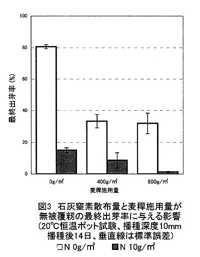 図3 石灰窒素散布量と麦稈施用量が無被覆籾の最終出芽率に与える影響