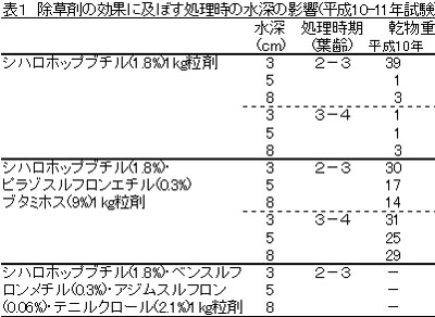 表1 除草剤の効果に及ぼす処理時の水深の影響