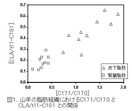 図1 山羊の脂肪組織におけるC17:1/C17:0とCLA/t11-C18:1との関係