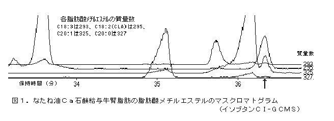 図1 なたね油Ca石鹸給与腎肝脂肪の脂肪酸メチルエステルのマスクロマトグラム