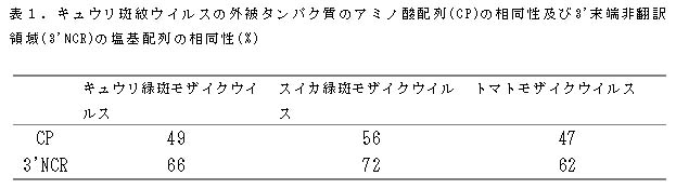 表1 キュウリ斑紋ウイルスの外被タンパク質のアミノ酸配列(CP)の相同性及び3'末端非翻訳領域(3'NCR)の塩基配列の相同性(%)