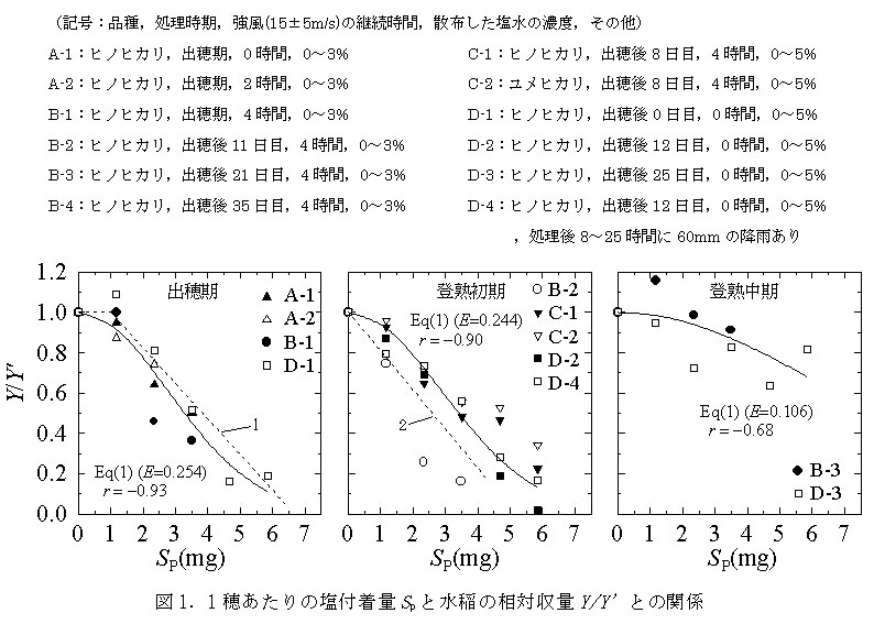 図1 1穂あたりの塩付着量SPと水稲の相対収量Y/Y'との関係