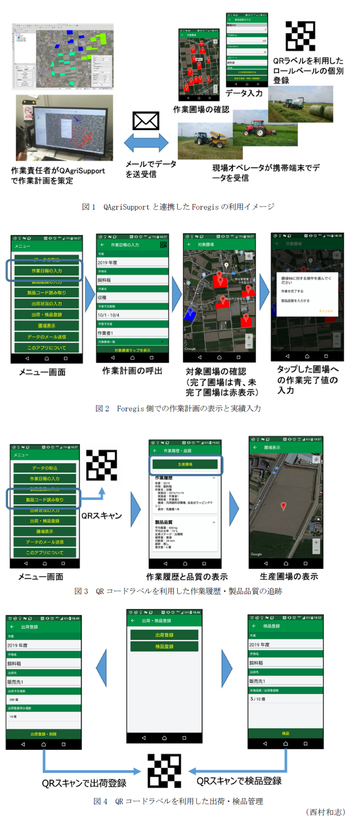 図1 QAgriSupportと連携したForegisの利用イメージ,図2 Foregis側での作業計画の表示と実績入力,図3 QRコードラベルを利用した作業履歴・製品品質の追跡,図4 QRコードラベルを利用した出荷・検品管理