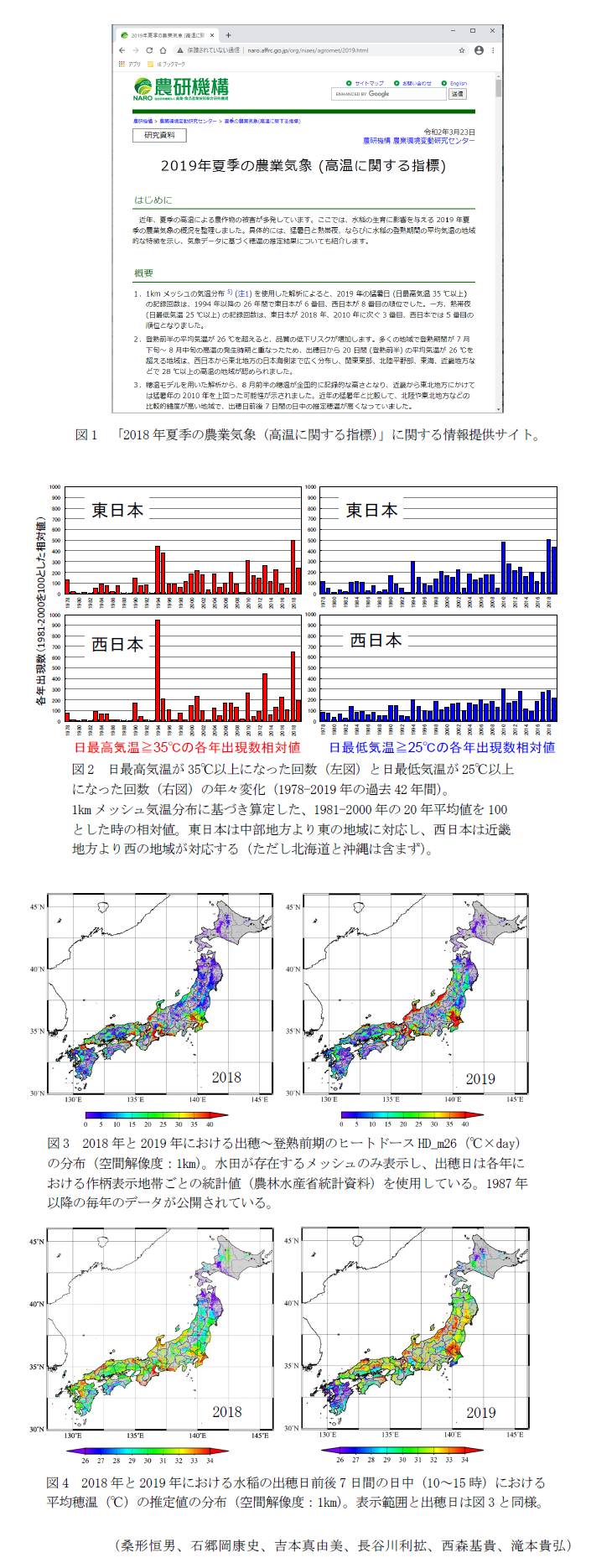 図1 「2018年夏季の農業気象 (高温に関する指標)」に関する情報提供サイト。,図2 日最高気温が35°C以上になった回数(左図)と日最低気温が25°C以上になった回数(右図)の年々変化(1978-2019年の過去42年間)。,図3 2018年と2019年における出穂～登熟前期のヒートドースHD_m26(°C×day)の分布(空間解像度:1km)。,図4 2018年と2019年における水稲の出穂日前後7日間の日中(10～15時)における平均穂温(°C)の推定値の分布(空間解像度:1km)。