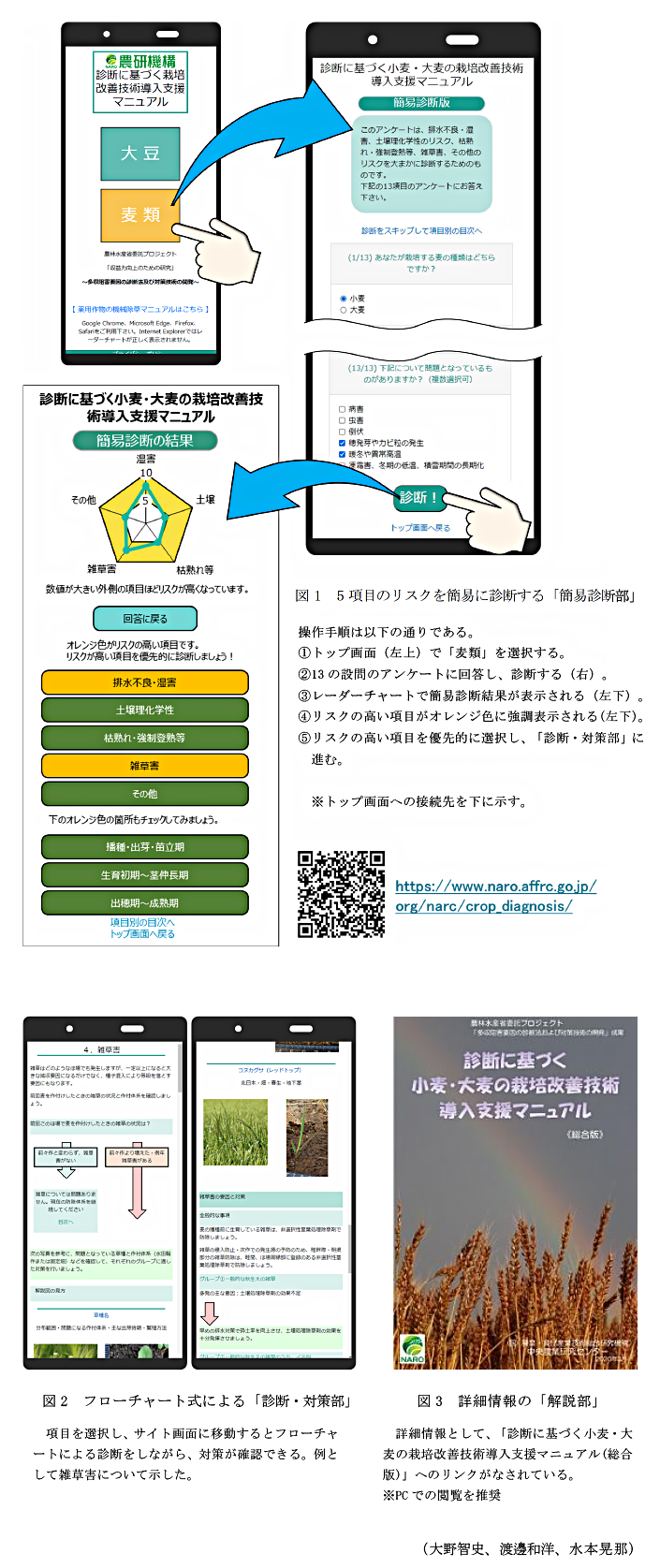 図1 5項目のリスクを簡易に診断する「簡易診断部」,図2 フローチャート式による「診断・対策部」,図3 詳細情報の「解説部」