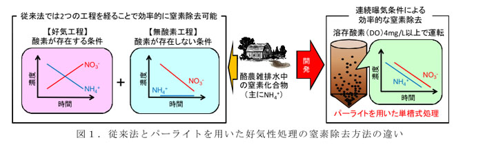 図1.従来法とパーライトを用いた好気性処理の窒素除去方法の違い