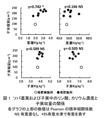 図1 ソバ茎葉および子実中のリン酸、カリウム濃度と子実収量の関係