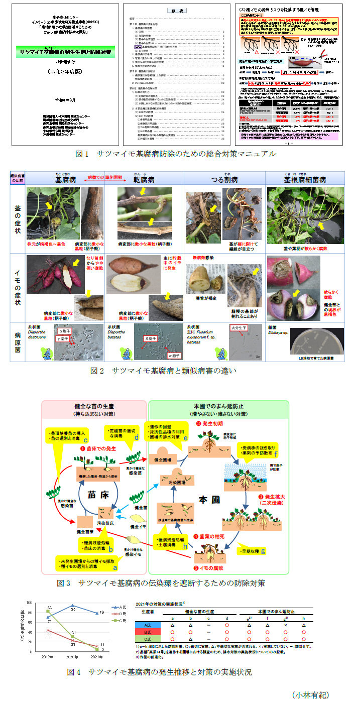 図1 サツマイモ基腐病防除のための総合対策マニュアル,図2 サツマイモ基腐病と類似病害の違い,図3 サツマイモ基腐病の伝染環を遮断するための防除対策,図4 サツマイモ基腐病の発生推移と対策の実施状況