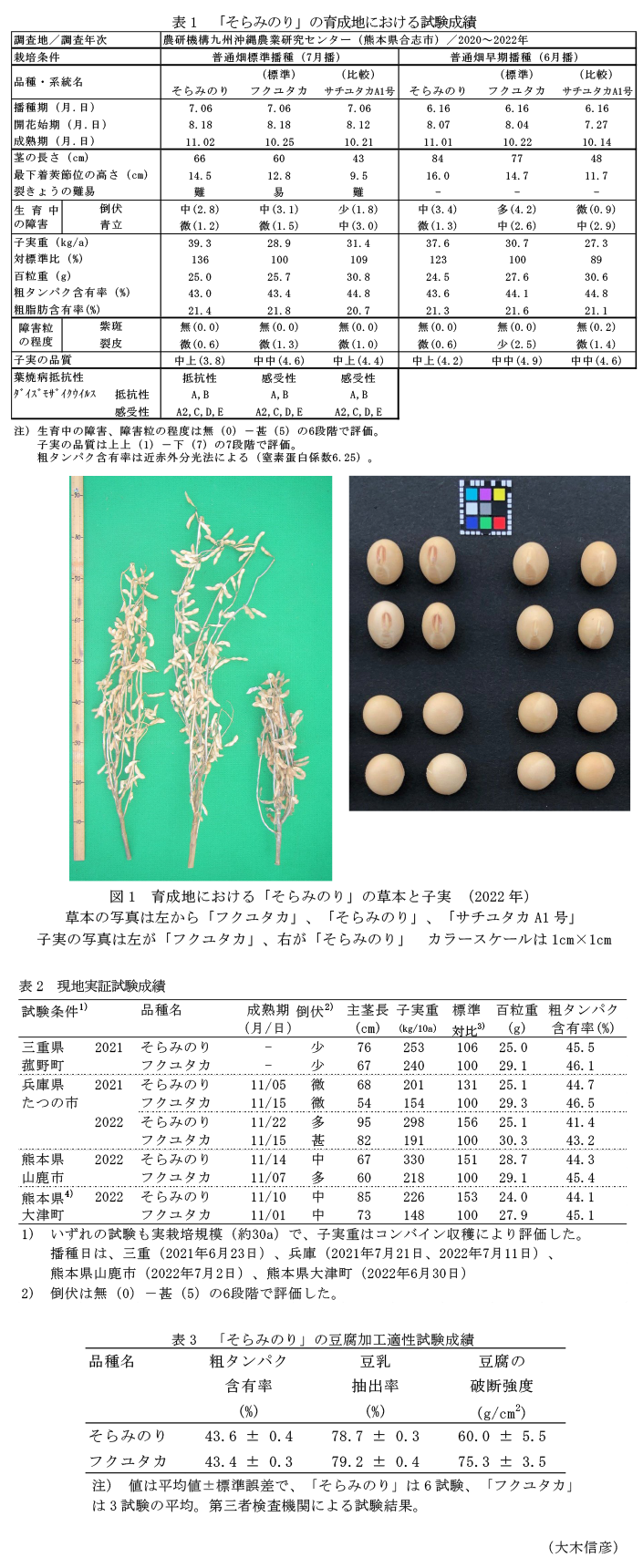 表1 「そらみのり」の育成地における試験成績,図1 育成地における「そらみのり」の草本と子実 (2022年),表2 現地実証試験成績,表3 「そらみのり」の豆腐加工適性試験成績