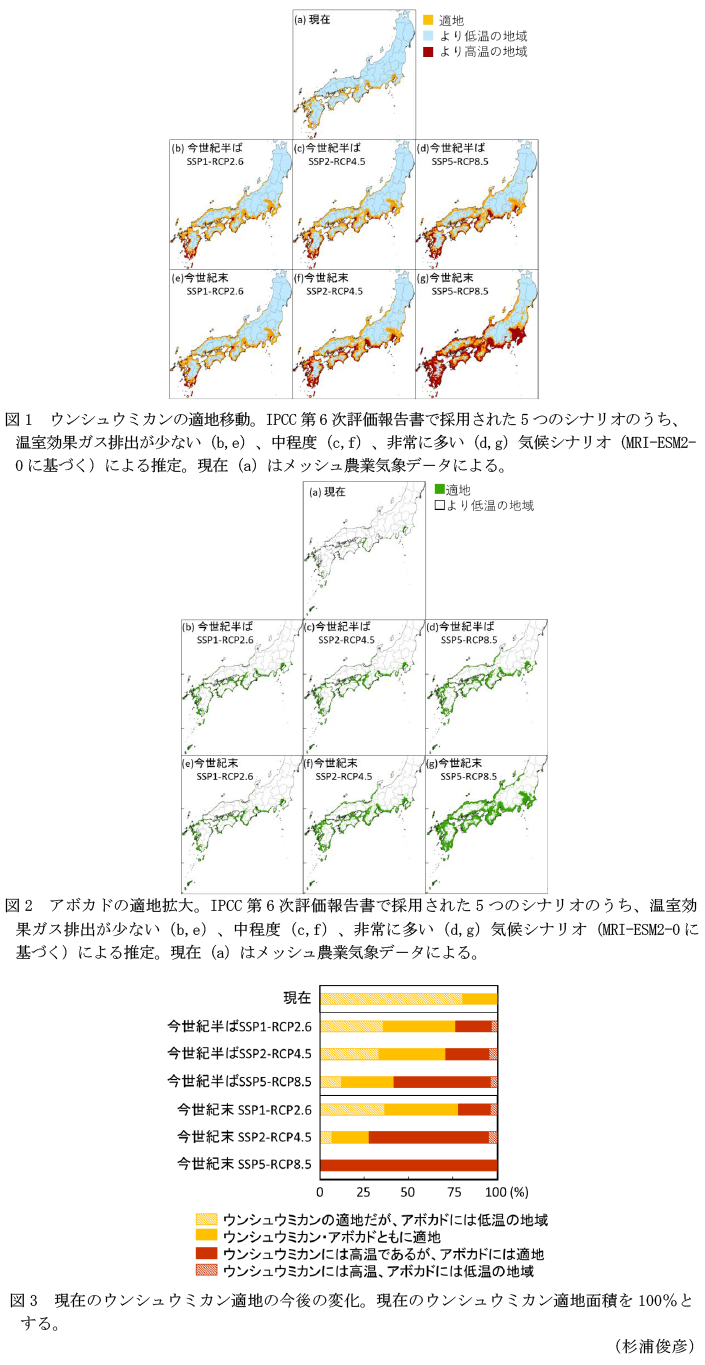 図1 ウンシュウミカンの適地移動,図2 アボカドの適地拡大,図3 現在のウンシュウミカン適地の今後の変化