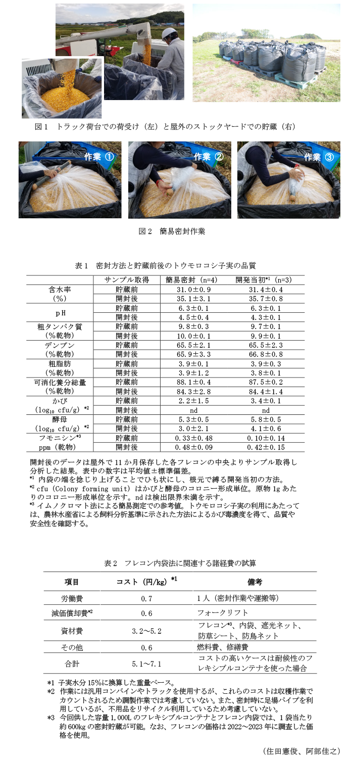図1 トラック荷台での荷受け(左)と屋外のストックヤードでの貯蔵(右),図2 簡易密封作業,表1 密封方法と貯蔵前後のトウモロコシ子実の品質,表2 フレコン内袋法に関連する諸経費の試算