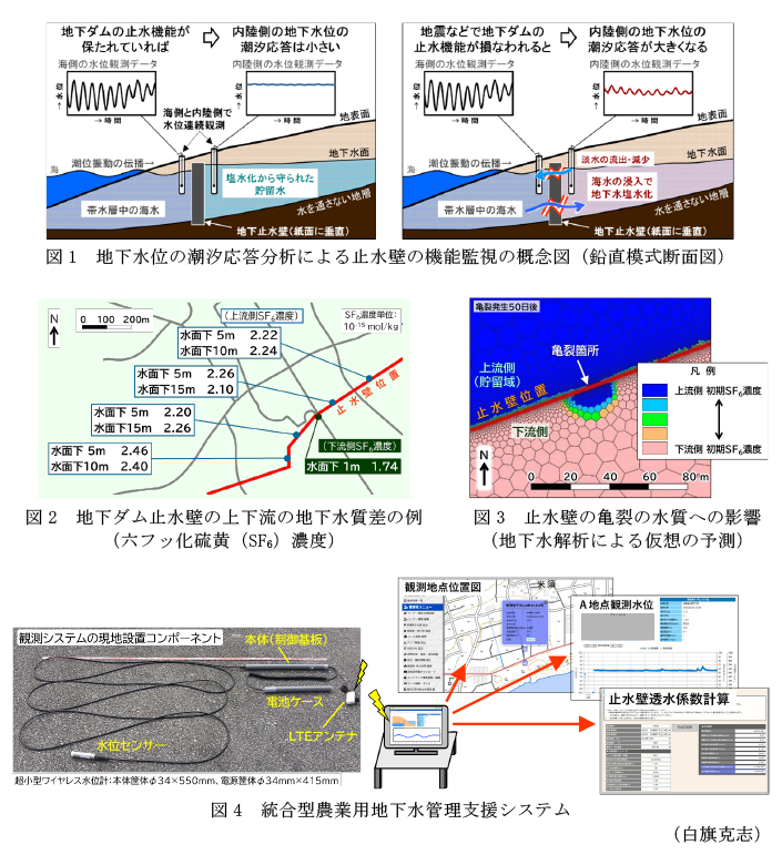 図1 地下水位の潮汐応答分析による止水壁の機能監視の概念図,図2 地下ダム止水壁の上下流の地下水質差の例,図3 止水壁の亀裂の水質への影響,図4 統合型農業用地下水管理支援システム