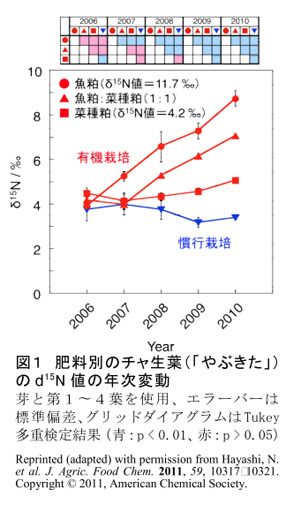 図1 肥料別のチャ生葉(「やぶきた」)のδ15N値の年次変動