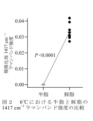 図2 0°Cにおける牛脂と豚脂の1417cm-1ラマンバンド強度の比較