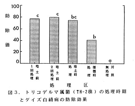 図3 トリコデルマ属菌(TH-2株)の処理時間とダイズ白絹病の防除効果