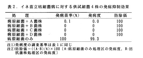 表2.イネ苗立枯細菌病に対する供試細菌4株の発病抑制効果