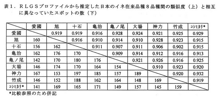 表1 RLGSプロファイルから推定した日本のイネ在来品種8品種間の類似度(上)と相互に異なっていたスポットの数(下)