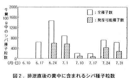 図2.排泄直後の糞中に含まれるシバ種子粒数