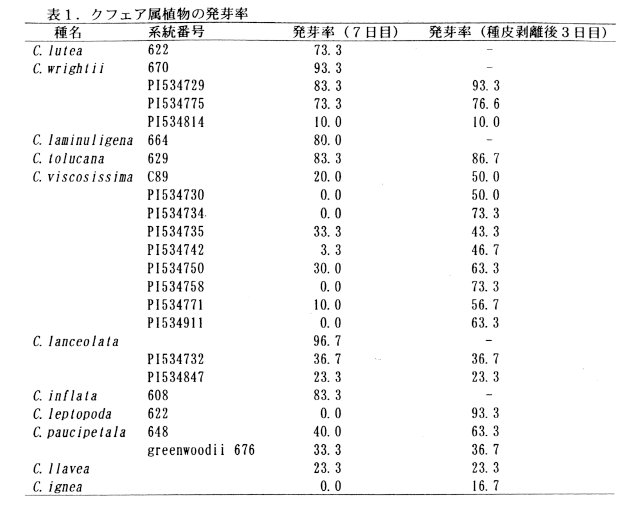 表1.クフェア属植物の発芽率