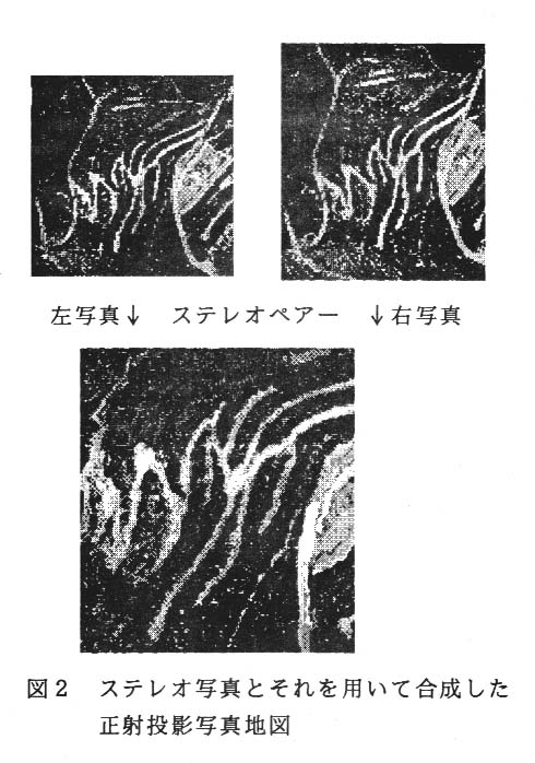 図2 ステレオ写真とそれを用いて合成した正射投影写真地図