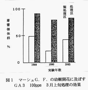 図1 マーシュ G.F.の幼樹開花におよぼすGA3(100ppm)の3月上旬処理の効果
