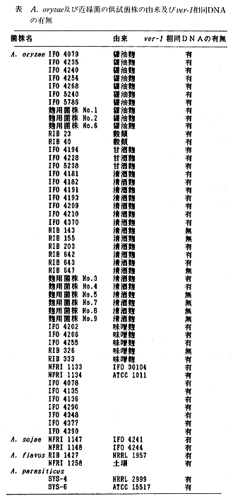 表 A.oryzae及び近縁菌の供試菌株の由来及びver-1相同DNAの有無