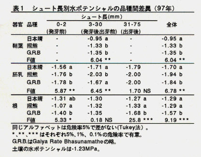 表1.シュート長別水ポテンシャルの品種間差異(97年)