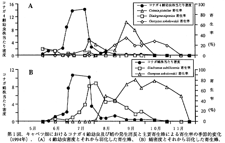 図1.キャベツ畑におけるコナガ4齢幼虫および蛹の発生消長と主要寄生蜂による寄生率の季節的変化