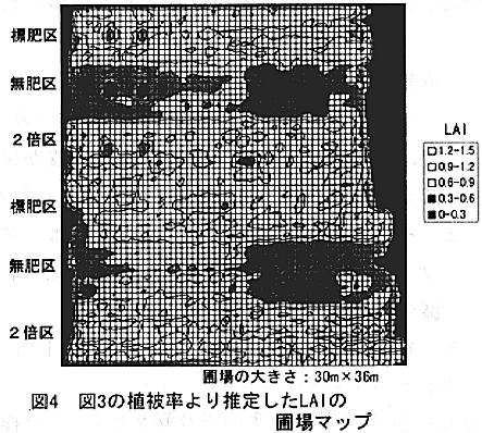 図4.図3の植被率より推定したLAIの圃場マップ