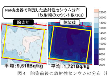 図4 除染前後の放射性セシウムの分布(福島県飯舘村伊丹沢地区)