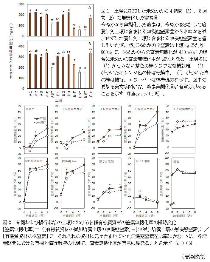 図1 土壌に添加した米ぬかから4週間(A)、8週間(B)で無機化した窒素量,図2 有機および慣行栽培の土壌における各種有機質資材の窒素無機化率の経時変化