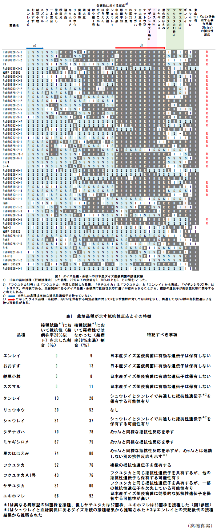 図1 ダイズ品種・系統への日本産ダイズ茎疫病菌の接種試験,表1 栽培品種が示す抵抗性反応とその特徴