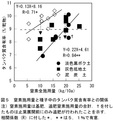 図5.窒素施用量と種子中のタンパク質含有率との関係