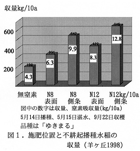 図1.施肥位置と不耕起播種水稲の収量